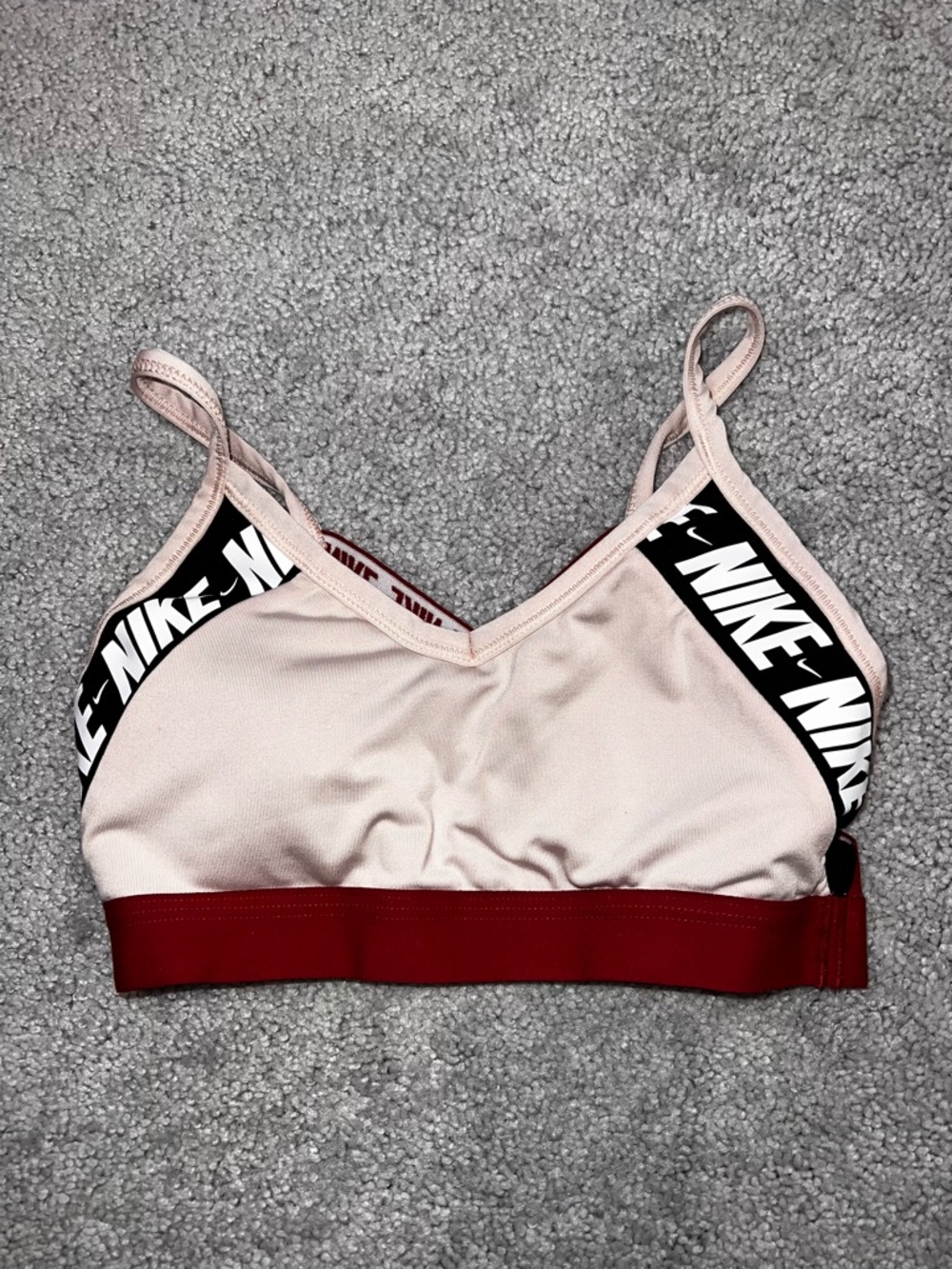 Nike Dri- Fit Pink Sports Bra with Red Underband and Black Logo Trim